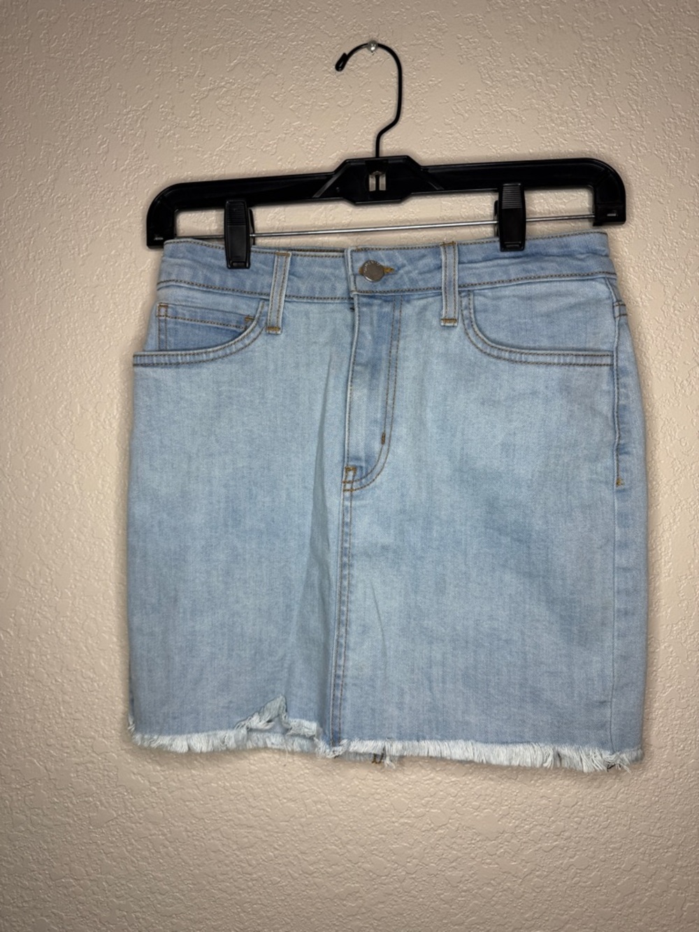 Light Blue Denim Mini Skirt with Frayed Hem
